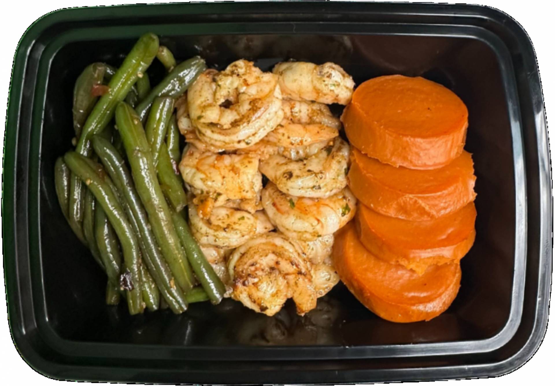 Grilled Shrimp w/ Green Beans & Sweet Potato Patties