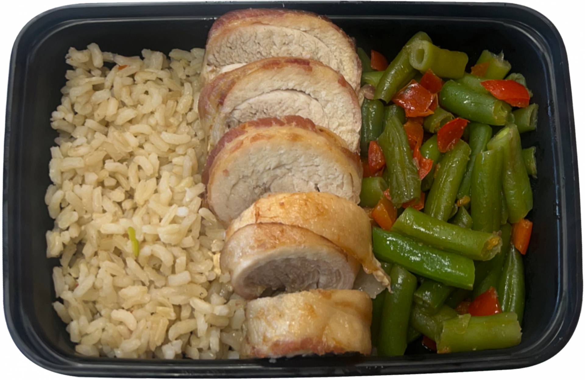Bacon Wrapped Chicken Thighs w/ Green Beans & Brown Rice